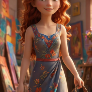 A 3D-rendered cartoon girl with big expressive eyes, a cheerful smile, and a stylish outfit, standing in a bright, colorful background.