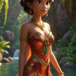 3D cartoon girl in orange traditional clothing with golden jewelry, sitting in water with wide-open eyes, observing her surroundings.