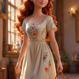 A 3D-rendered cartoon girl wearing a long cream gown with floral prints, carrying a golden cream-colored handbag, and tilting her head slightly with a warm smile