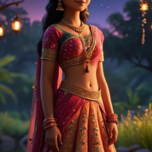 A vibrant 3D cartoon Indian girl dressed in traditional attire, with expressive eyes, a cheerful smile, and beautifully detailed accessories.
