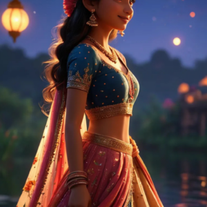 A vibrant 3D cartoon Indian girl dressed in traditional attire, with expressive eyes, a cheerful smile, and beautifully detailed accessories.