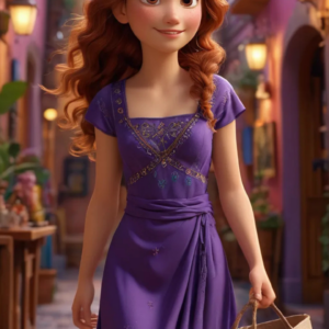 A 3D-rendered cartoon girl wearing a stylish dark violet long gown, holding a shopping bag, walking in a vibrant shopping district with wide-open eyes and a cute smile