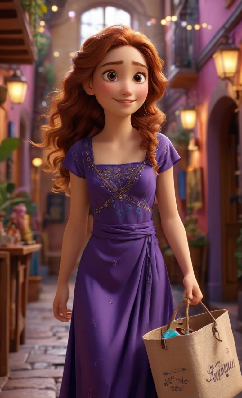 A 3D-rendered cartoon girl wearing a stylish dark violet long gown, holding a shopping bag, walking in a vibrant shopping district with wide-open eyes and a cute smile