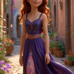 A 3D-rendered cartoon girl wearing a dark violet and light pink sleeveless long gown, holding a handbag, with wide-open eyes and a cute smile, walking in a bustling shopping district.