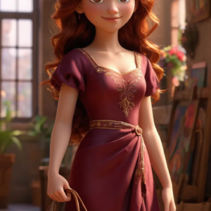 A 3D-rendered cartoon girl wearing a long maroon gown with gold prints, carrying a shopping bag, and smiling warmly.