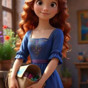 A 3D-rendered cartoon girl wearing a long blue gown with half sleeves, holding a purse in her hands, and smiling warmly.