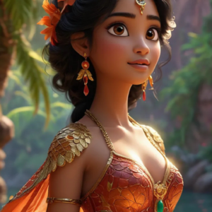 3D cartoon girl wearing orange traditional clothing and golden jewelry, with wide-open eyes observing the mountains.
