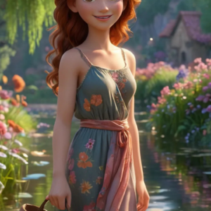 A 3D-rendered cartoon girl wearing a blue dress with a colorful waist knot cloth, holding a handbag, with wide-open eyes and a cute smile, standing near a calm water pond.