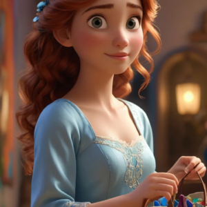 A 3D-rendered cartoon girl wearing a sky-blue gown, holding a bag in her hands, with wide-open eyes, a cute smile, and her head tilted slightly to the side.