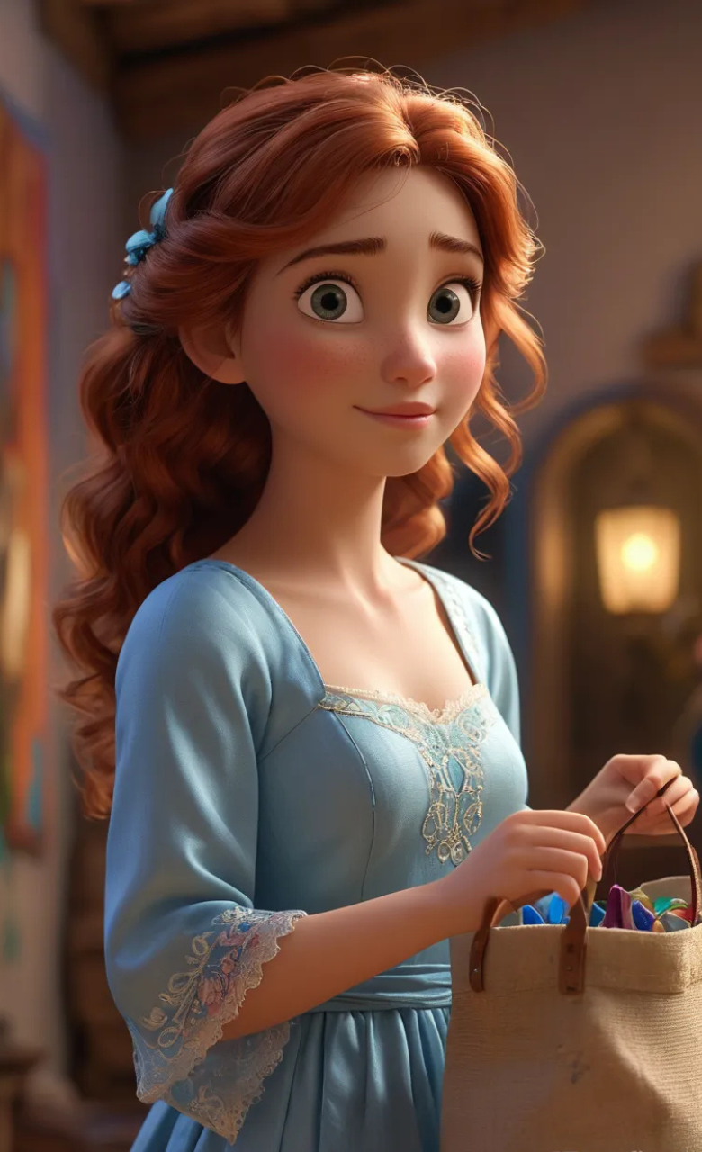 A 3D-rendered cartoon girl wearing a sky-blue gown, holding a bag in her hands, with wide-open eyes, a cute smile, and her head tilted slightly to the side.