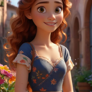 A 3D-rendered cartoon girl wearing a light blue and cream stylish dress, holding a handbag, with wide-open eyes and a cute smile, standing in a bustling shopping district.