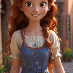 A 3D-rendered cartoon girl wearing a light blue and white dress, holding a bag filled with colors, with wide-open eyes and a cute smile, walks in a lively shopping district.