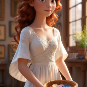 A 3D-rendered cartoon girl wearing a plain white gown, standing in a room with a basket of colors, smiling cutely.