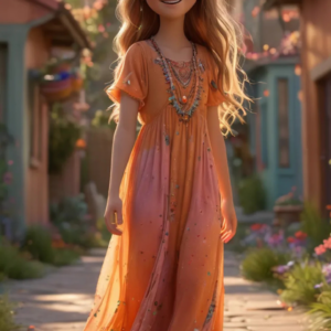 A 3D-rendered cartoon girl wearing an orange and light pink floral gown with beautiful jewelry, smiling with wide-open eyes, walks on a colorful festival street.