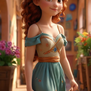 3D cartoon girl wearing a sky blue and cream floral gown with balloon sleeves, holding a basket of flowers and smiling.