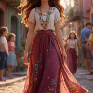 A 3D-rendered cartoon girl wearing a maroon floral skirt, white top, and beautiful jewelry, with wide-open eyes and a cute smile, walks through a colorful festival street.