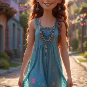 A 3D-rendered cartoon girl wearing a sky blue floral print silk sleeveless long gown with layers, accessorized with beautiful jewelry, with wide-open eyes and a cute smile, walking down a vibrant street.