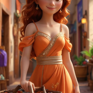 AI-Generated 3D Cartoon Girl in an Elegant Orange Gown Holding a Flower Basket
