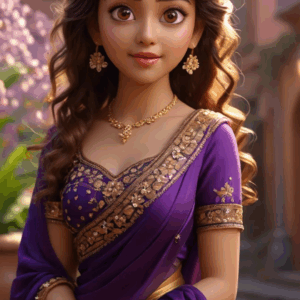 3D cartoon girl wearing a dark violet and gold saree with curly open hair and elegant jewelry, smiling with a cute expression. Product Description: This beautiful 3D cartoon girl illustration showcases a traditional yet vibrant aesthetic, featuring a deep violet and gold saree paired with luxurious jewelry. Her voluminous curly hair flows freely, adding to her graceful appearance. A warm, endearing smile completes her expressive face, bringing charm and emotion to the character. Perfect for use in digital storytelling, children’s media, educational content, or cultural design themes, this high-resolution 3D image adds a delightful blend of tradition and personality to any project. Focus Keyphrase: 3D Cartoon Girl in Violet Saree Meta Description: Adorable 3D cartoon girl in a violet and gold saree with curly hair and jewelry, smiling sweetly—ideal for cultural and digital art projects. Let me know if you'd like versions tailored for a specific platform like Etsy, Redbubble, or an art portfolio! Ask Search Make Image Research Can you add some more specific details about the jewelry, like the type of stones or design? Would you like to mention any cultural significance of the saree style in the description? How about incorporating a background that complements the character's traditional attire?
