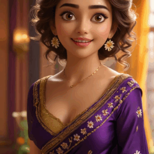 3D cartoon girl wearing a dark violet saree with a gold border, curly bun hairstyle, elegant jewelry, and a sweet, smiling expression
