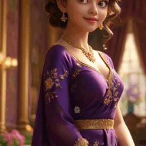 3D cartoon girl wearing a dark violet long gown with a gold border, curly bun hairstyle, elegant jewelry, and a cute smile.
