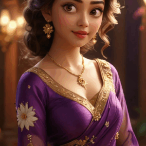 3D cartoon girl wearing a dark violet saree with gold border and daisy flower print blouse, curly hair bun, elegant jewelry, and a cute smile.