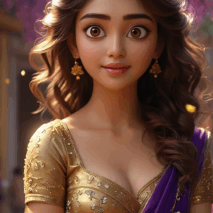 Elegant 3D cartoon girl in a violet saree and gold blouse, smiling sweetly with curly hair and beautiful jewelry.