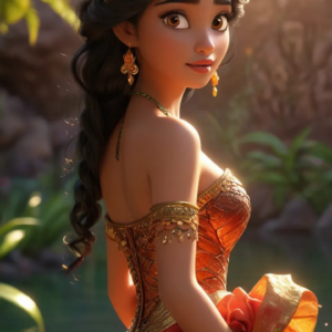3D cartoon girl wearing orange traditional attire, braided hair, and golden jewelry, seen from the side while standing in water.