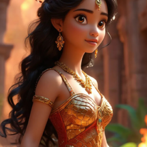 3D cartoon girl wearing orange and gold traditional attire, golden jewelry, a crown, and open hair, looking sideways at the mountains.