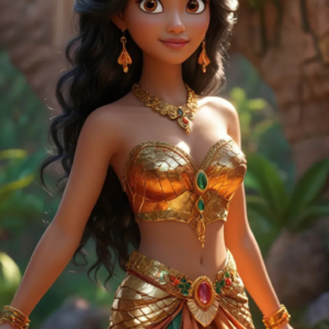 3D cartoon girl wearing golden traditional attire, long open hair with a flower, and golden jewelry, looking calmly at the mountains.