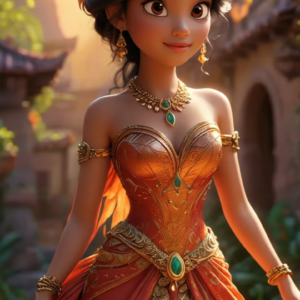 3D cartoon girl wearing orange and gold traditional attire, bun hair with a flower, and golden jewelry, with a cute smiling expression.