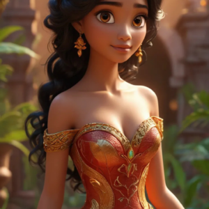 3D cartoon girl wearing orange and gold traditional attire, curly hair with a flower, and golden jewelry, with a cute smiling expression.