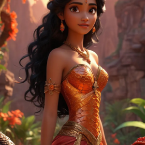3D cartoon girl wearing orange and gold traditional attire, with a head bun and curly open hair, a feather on her head, golden jewelry, and a cute smile.
