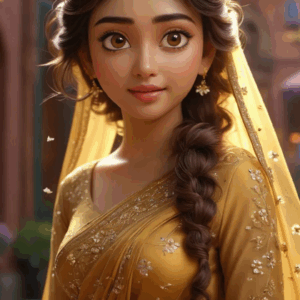 3D cartoon girl wearing a golden dress with flower prints, curly braided hair adorned with flowers, golden jewelry, and a cute stare with a slight smile, standing on a festival-lit street.