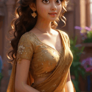 3D cartoon girl in a golden saree with flower prints, curly open hair adorned with flowers, and golden jewelry, giving a sideward stare with a slight smile, standing in front of a house.