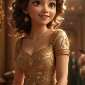 3D cartoon girl wearing an ash and golden dress with flower prints, short curly hair, and golden jewelry, giving a sideward stare with a smile while standing in front of a house.