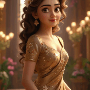 3D cartoon girl in an ash brown saree with flower prints, curly open hair with a flower, and golden jewelry, giving a sideward stare with a smile, standing in a hall filled with lights.