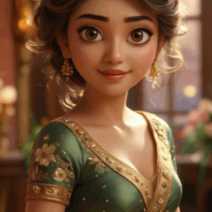 3D cartoon girl wearing a green dress with a golden border and flower prints, curly short hair with a flower, and golden jewelry, giving a sideward stare with a smile, standing in a hall with focus lights