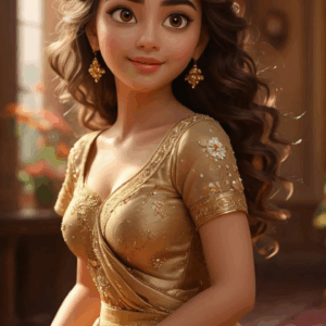 3D cartoon girl in an ash golden dress with flower prints, curly open hair with a flower, and golden jewelry, giving a sideward stare with a smile, standing in a hall.
