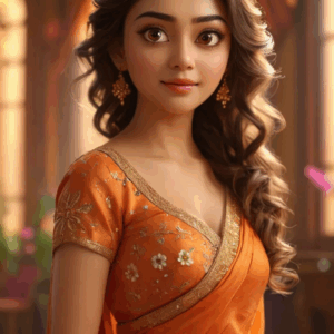 3D cartoon girl wearing a dark orange outfit with a golden border and flower prints, curly hair with head jewelry, and golden jewelry, giving a sideward stare with a smile while standing in a hall with flower plants.