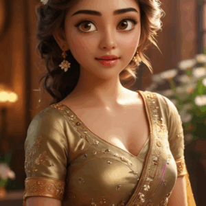3D cartoon girl wearing ash and gold traditional attire, with curly open hair, a flower on her head, and golden jewelry, showing a cute stare.