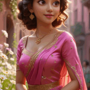 3D cartoon girl wearing a dark pink outfit with a golden border and flower prints, curly short hair with head jewelry, and golden accessories, giving a sideward stare with a smile while standing on a street with flower plants.