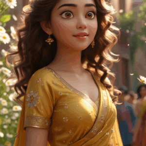 3D cartoon girl wearing a dark golden dress with a brown border, flower prints, and a cloak, curly hair with head jewelry, and golden jewelry, giving a sideward stare with a smile while standing on a street with flower plants.
