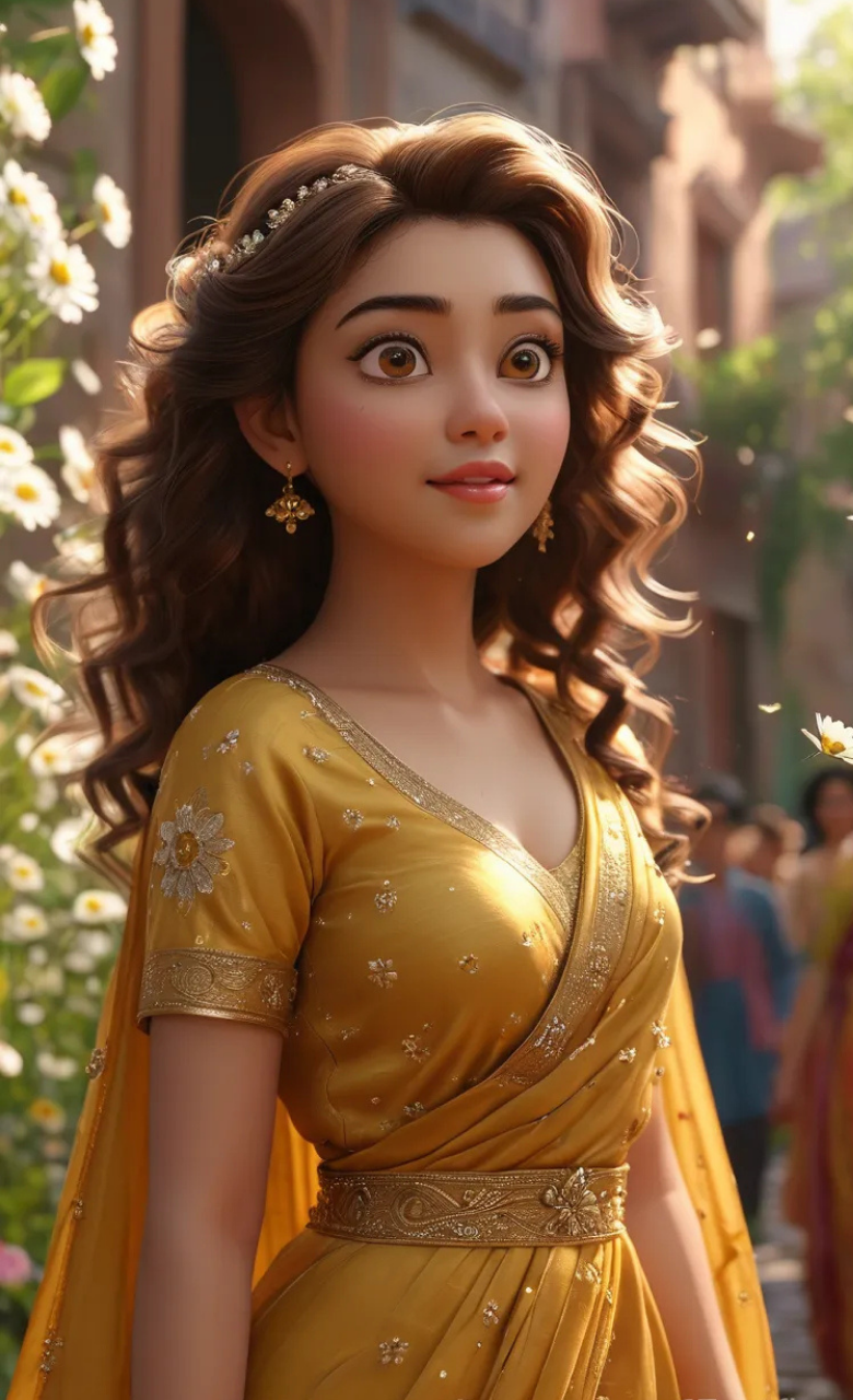 3D cartoon girl wearing a dark golden dress with a brown border, flower prints, and a cloak, curly hair with head jewelry, and golden jewelry, giving a sideward stare with a smile while standing on a street with flower plants.
