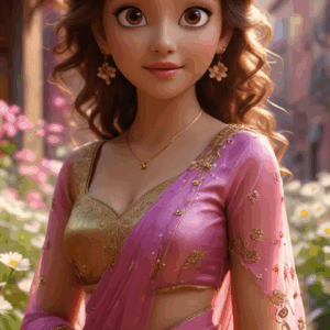 3D cartoon girl wearing a dark pink saree and golden blouse with floral print, curly hair, gold jewelry, and a side smile, standing on a street with flower plants.