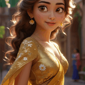 3D cartoon girl wearing a golden saree with floral prints, curly open hair, gold jewelry, and head jewelry, smiling with a side glance under a street lamp.