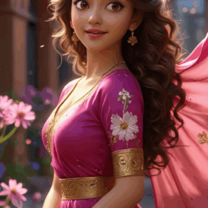 3D cartoon girl wearing a dark pink dress with daisy prints, curly hair, head jewelry, golden jewelry, and a flower in her hair, smiling with a side glance on a flower-filled street.