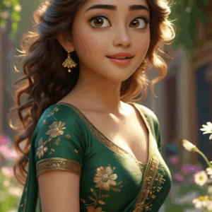3D cartoon girl wearing a dark green half saree-style dress with golden floral prints, curly open hair, golden jewelry, and a side smile, standing in a flower garden surrounded by plants.