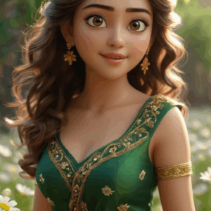 3D cartoon girl wearing a dark green sleeveless dress with golden flower prints, curly open hair, golden jewelry, and a cute smile, standing in a vibrant flower garden.