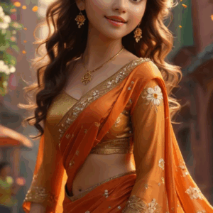 girl wearing a dark orange saree with a golden blouse and golden flower prints, curly open hair, golden jewelry, smiling with a side glance while flower petals fall on a street.